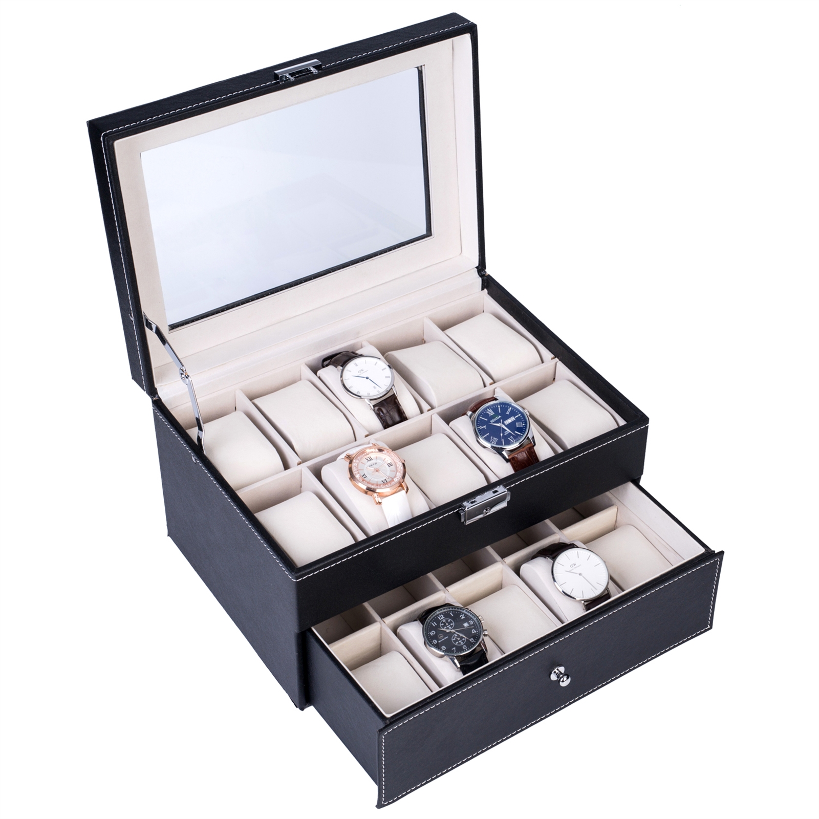 20 Compartments Dual Layers Elegant Wooden Watch C Ollection Box Black product image