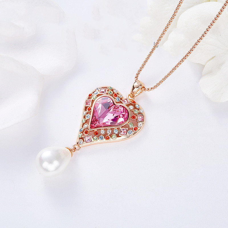 Pearl Pendant Dripping Heart Shaped Crystal Necklace Women Fashion