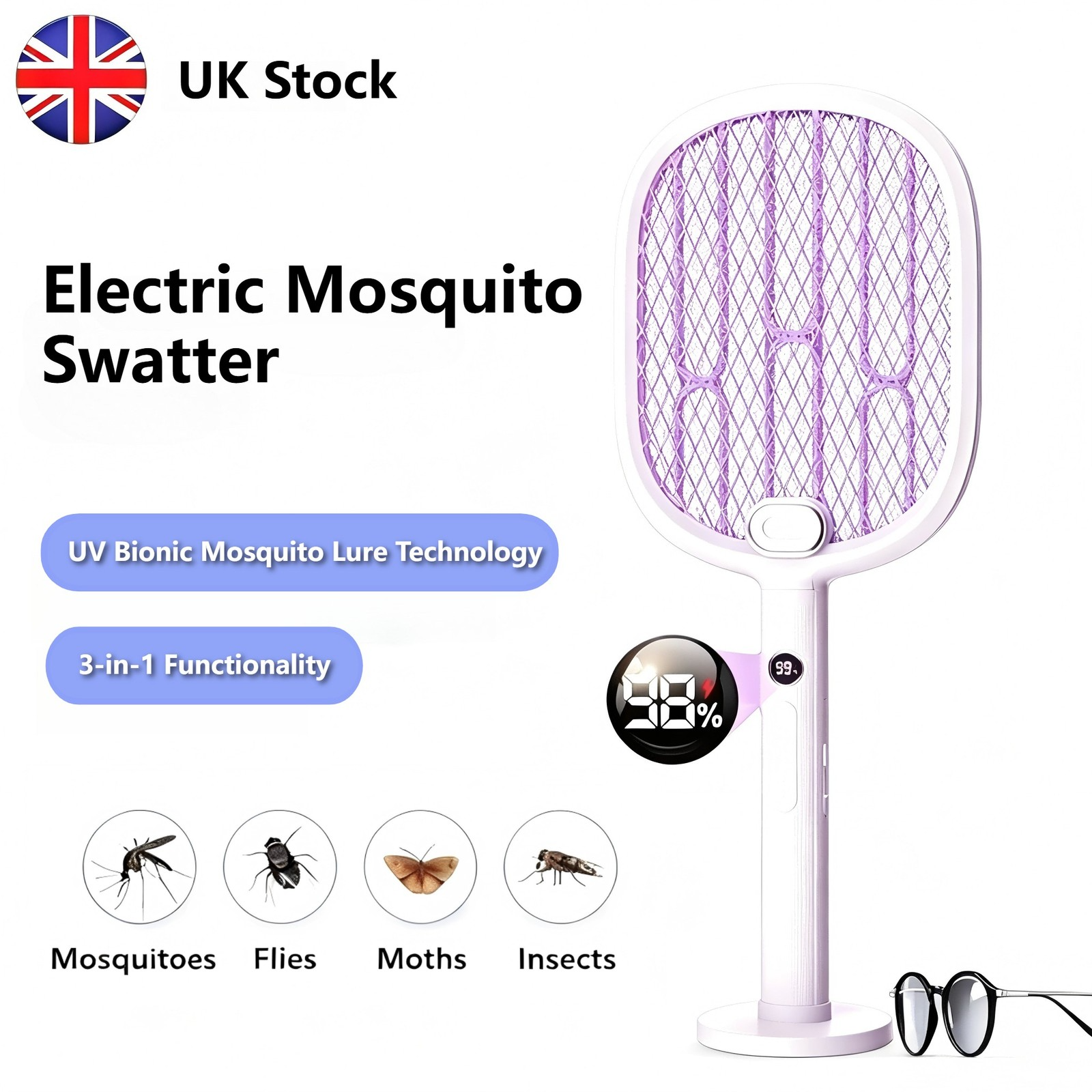 3000V Electric Rechargeable Swatter Mosquito Fly Killer And Bug Zapper Racket UK