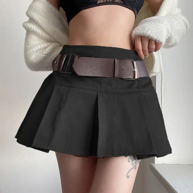 Khaki With Belt High Waist Short Skirt Pleated Skirt Black - Shop at LoveMi