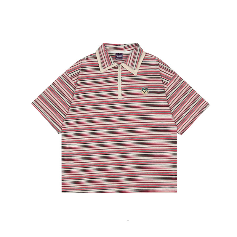 Striped Polo Lapel Short Sleeve T Shirt