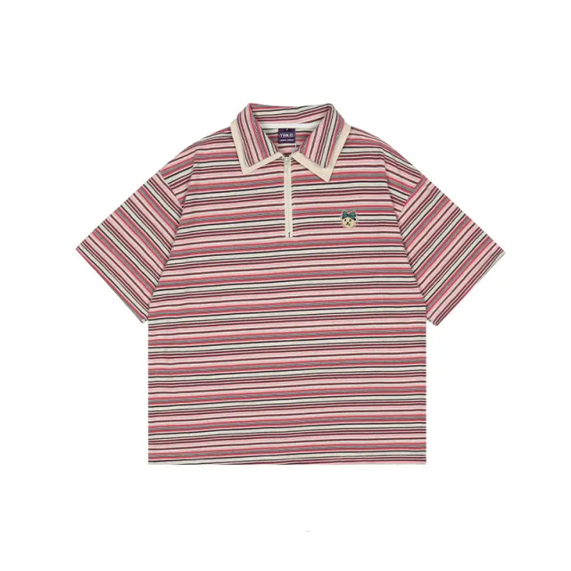 Striped Polo Lapel Short Sleeve T Shirt Pink - Shop at LoveMi