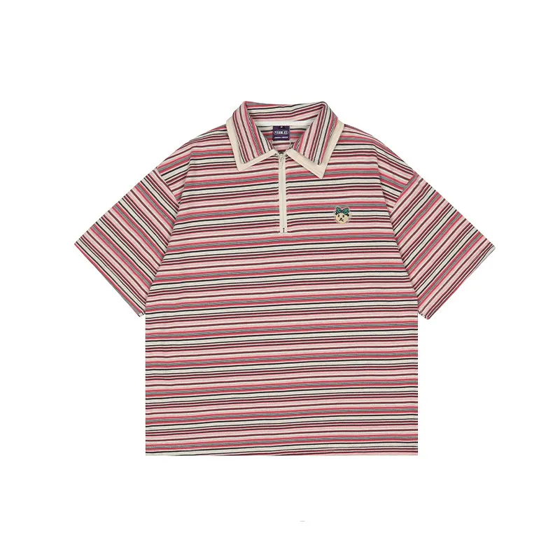 Striped Polo Lapel Short Sleeve T Shirt - Pink