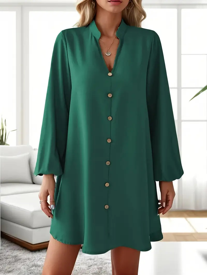 Women's Long Sleeve V-Neck A-Line Dress in Green – single-breasted solid color casual dress