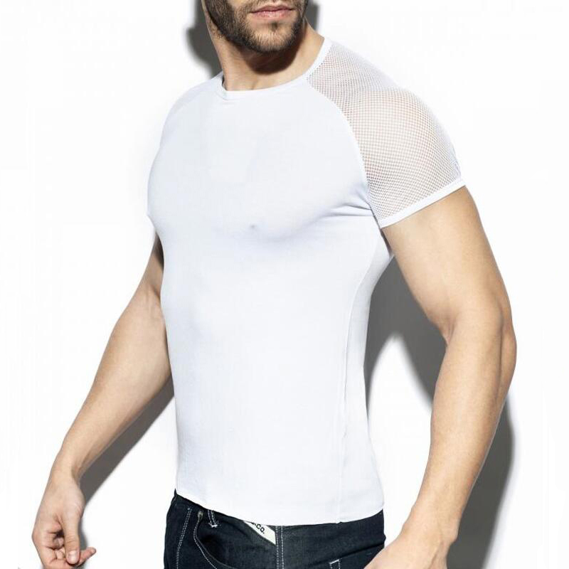 Slim Fit Breathable Mesh Shoulder Sleeve Crew Neck Short Sleeve T-Shirt