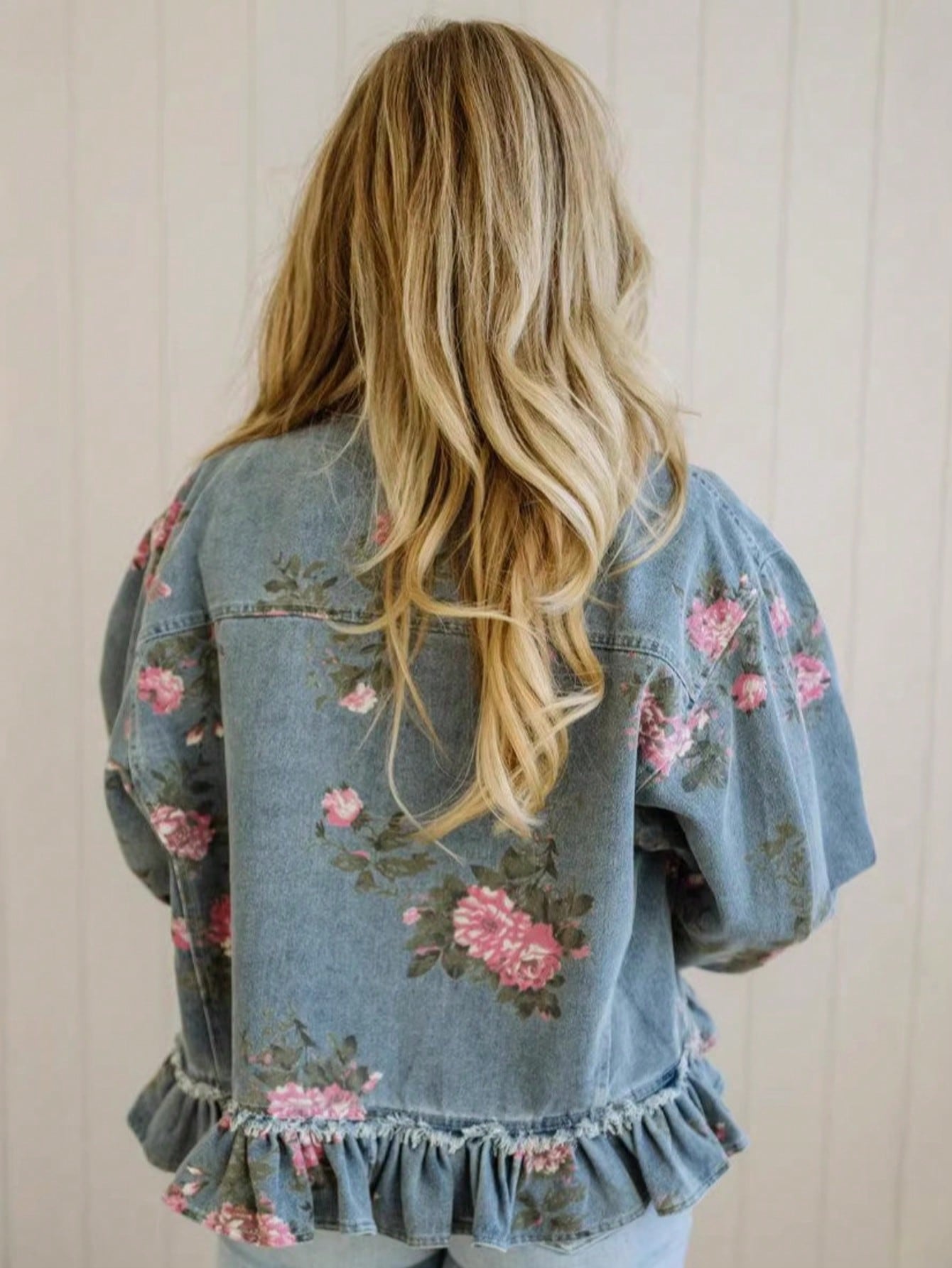 New Women's Retro Washed Floral Print Denim Jacket, Long-Sleeved, Collared, Ruffled Hem, Short Jacket, Summer Outfits For Womener. — foto 3