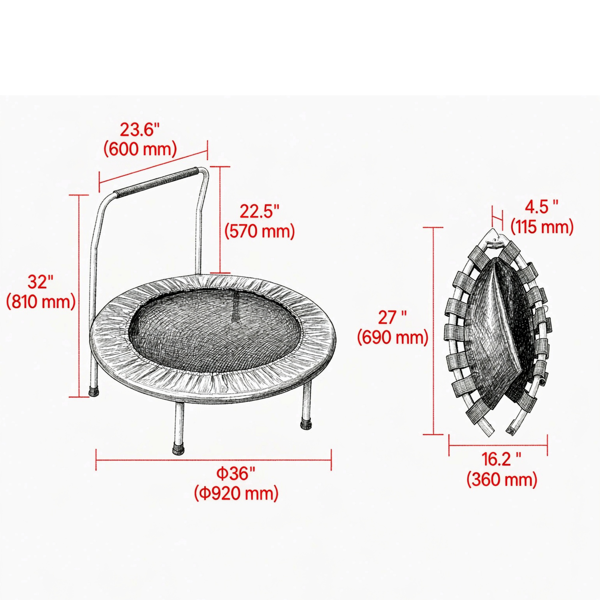 3FT Foldable Kids Trampoline With Foam Handle, 36inch Indoor Outdoor Mini Trampoline