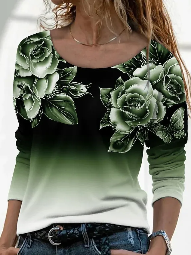 New Long Sleeve Loose Round Neck Casual Pullover 3D Printing T Shirt Women Green - Shop at LoveMi