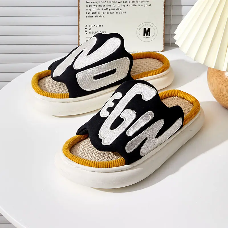 Linen Slippers Women's Men's Face Letter Embroidery