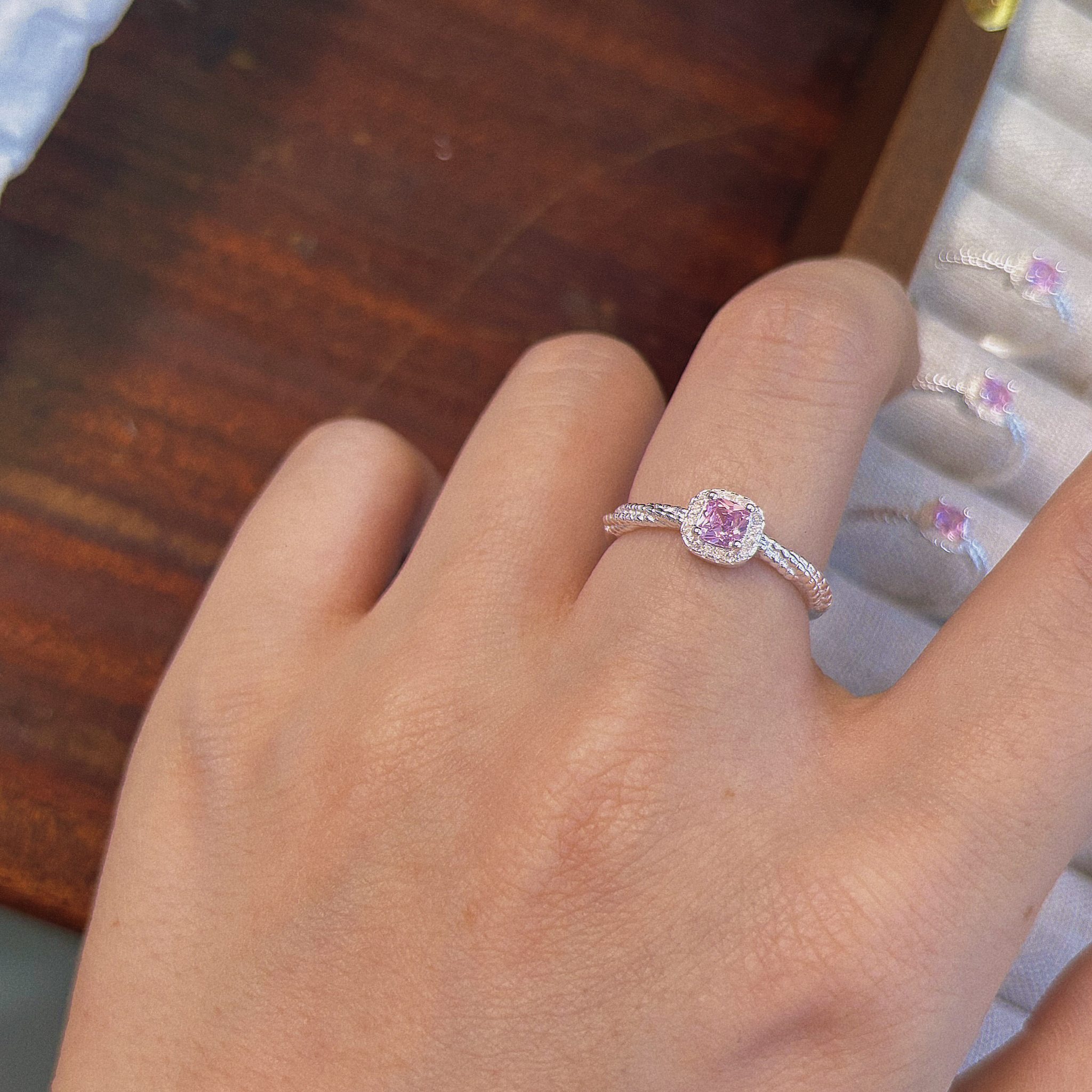 Pink Cushion Cut CZ Sterling Silver Ring | Halo Pave Twisted Band — view 4