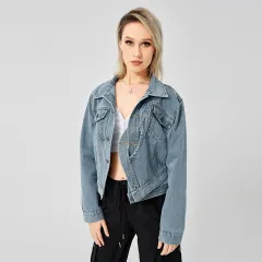 Women's Denim Long Sleeve Designed Jacket Fashion Top - Blue - View 1