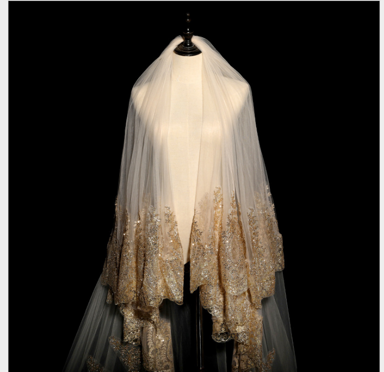 New Bridal Sequins Extra Long Lace Veil With Diamonds