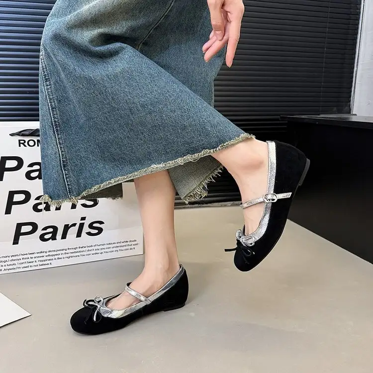 2026 New Women Korean Style Height Boost Bow Mary Janes, Trendy Retro Sexy Leopard Print One Strap Low Cut Shoes