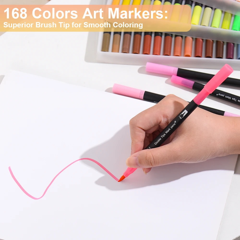 168 Colors Dual Tip Brush Markers Set Black Barrel Watercolour Pens — image 9