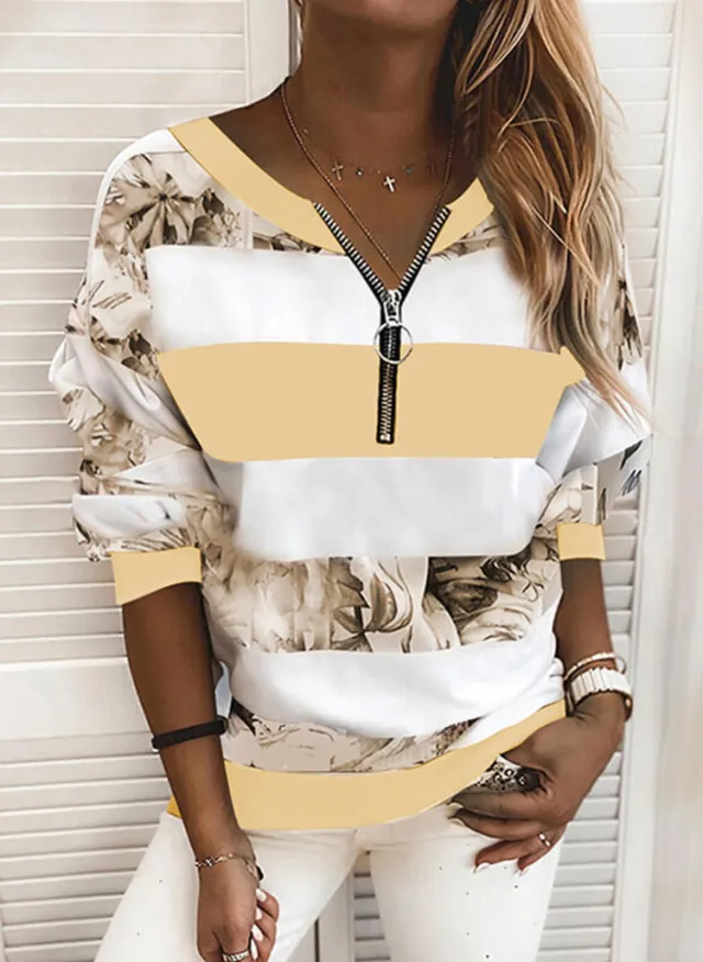 Striped Print Loose Sweatshirt Women Yellow - Shop at LoveMi