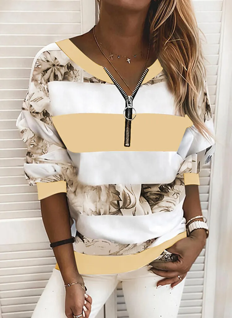 Striped Print Loose Sweatshirt Women - Yellow