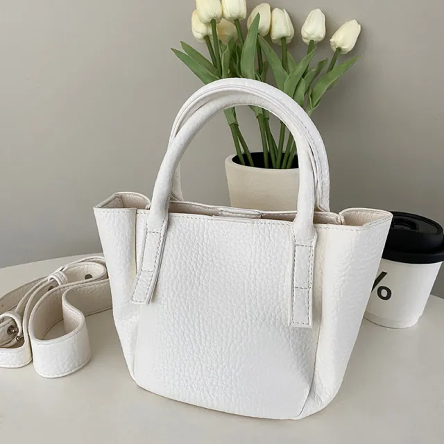 Litchi Soft Leather Solid Crossbody Basket Bucket Bag White - Shop at LoveMi