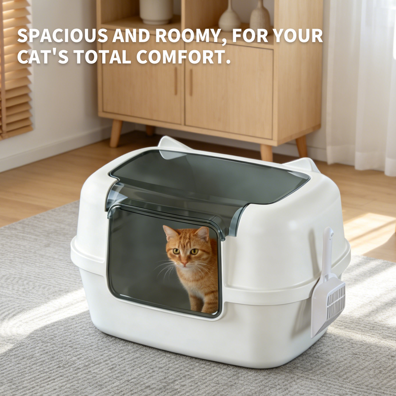 Extra Large Cat Ear Fully Enclosed Cat Litter Box, With Free Scoop & Litter Mat, Anti-Splash & Anti-Tracking Odor Locking, For Large Cats & Multi-Cat Households