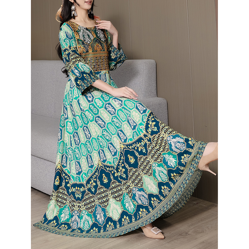 Women's Bohemian Print Maxi Dress, Ethnic Style Round Neck 3 4 Sleeve Embroidered Flowy Party Dress Green - Shop at LoveMi