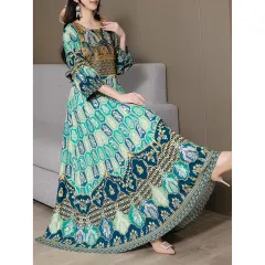 Women's Bohemian Print Maxi Dress, Ethnic Style Round Neck 3 4 Sleeve Embroidered Flowy Party Dress - Green - View 1