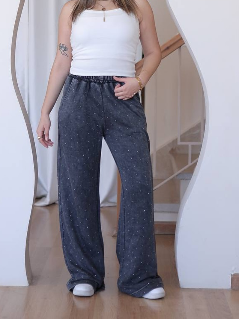Rhinestone Embellished Wide-Leg Denim Pants