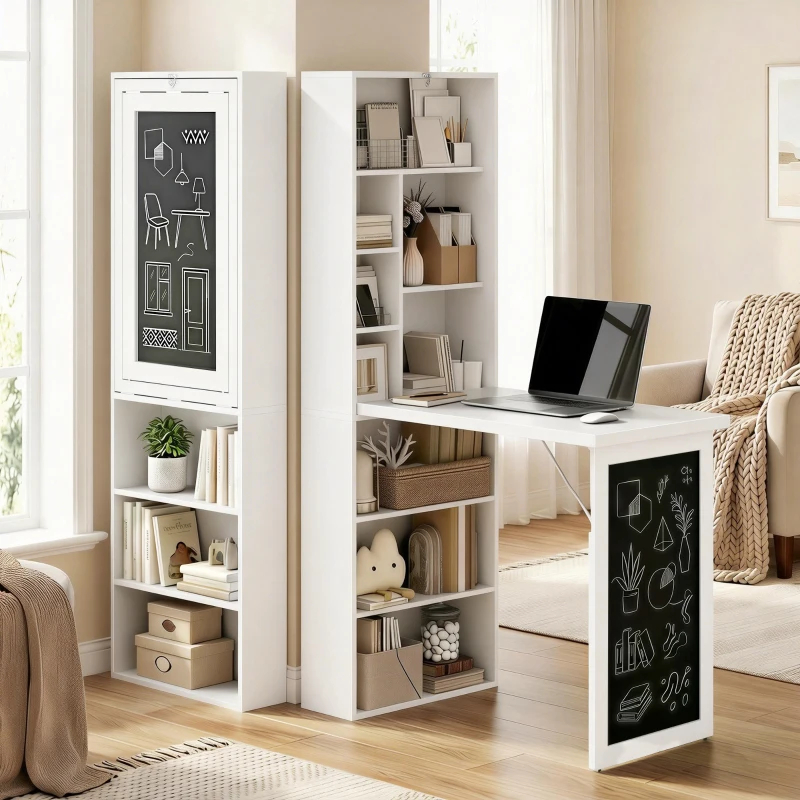 Fold-out Convertible Office Desk, Wall Mount Computer Desk With Blackboard And Side Shelf, White view 7