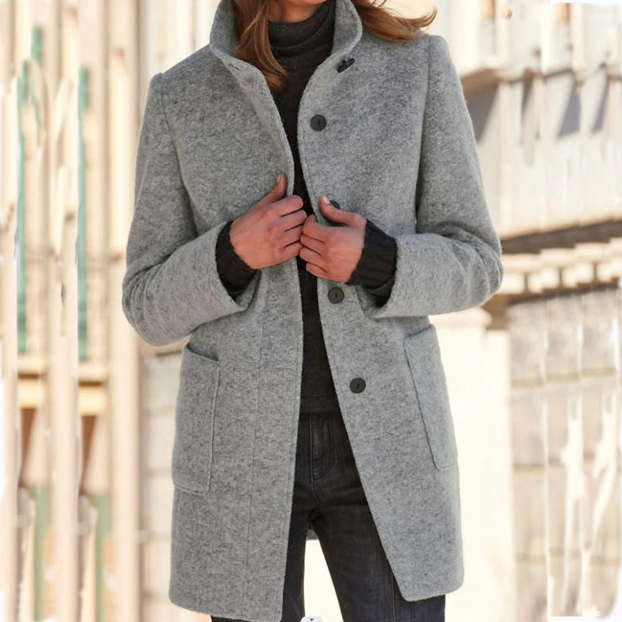 Fashion Stand Collar Woolen Coat With Pockets Fall Winter Casual Button Outwear