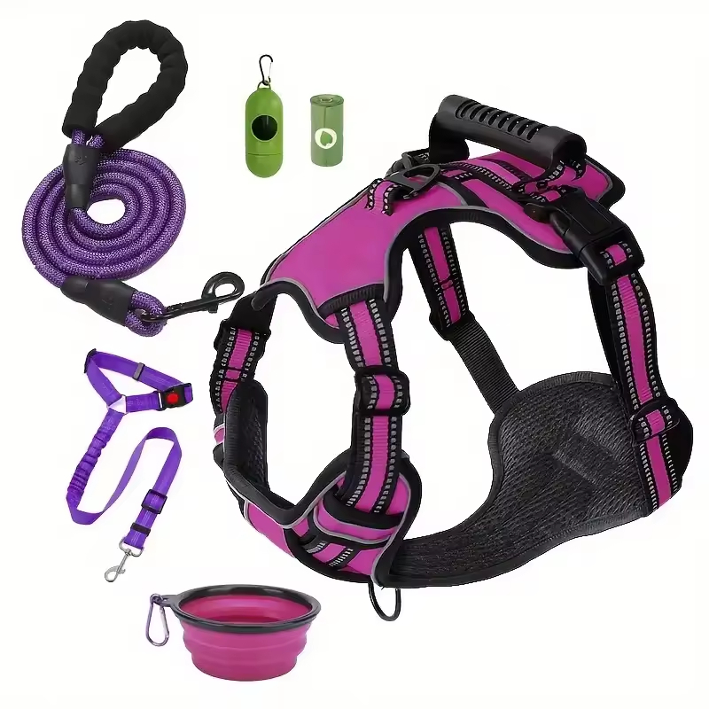 Tactical Service Dog Harness Strap Set, Car Seat Belt, Collapsible Bowl, Biodegradable Trash Bag Set For Dogs