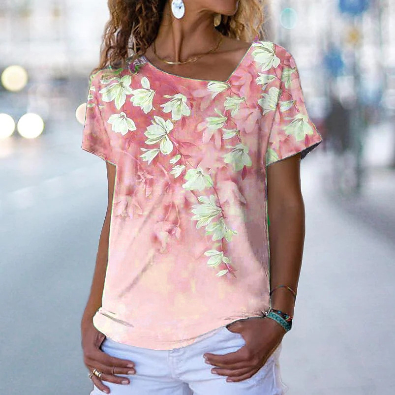 Pullover L-Neck Floral Print Street Short Sleeves