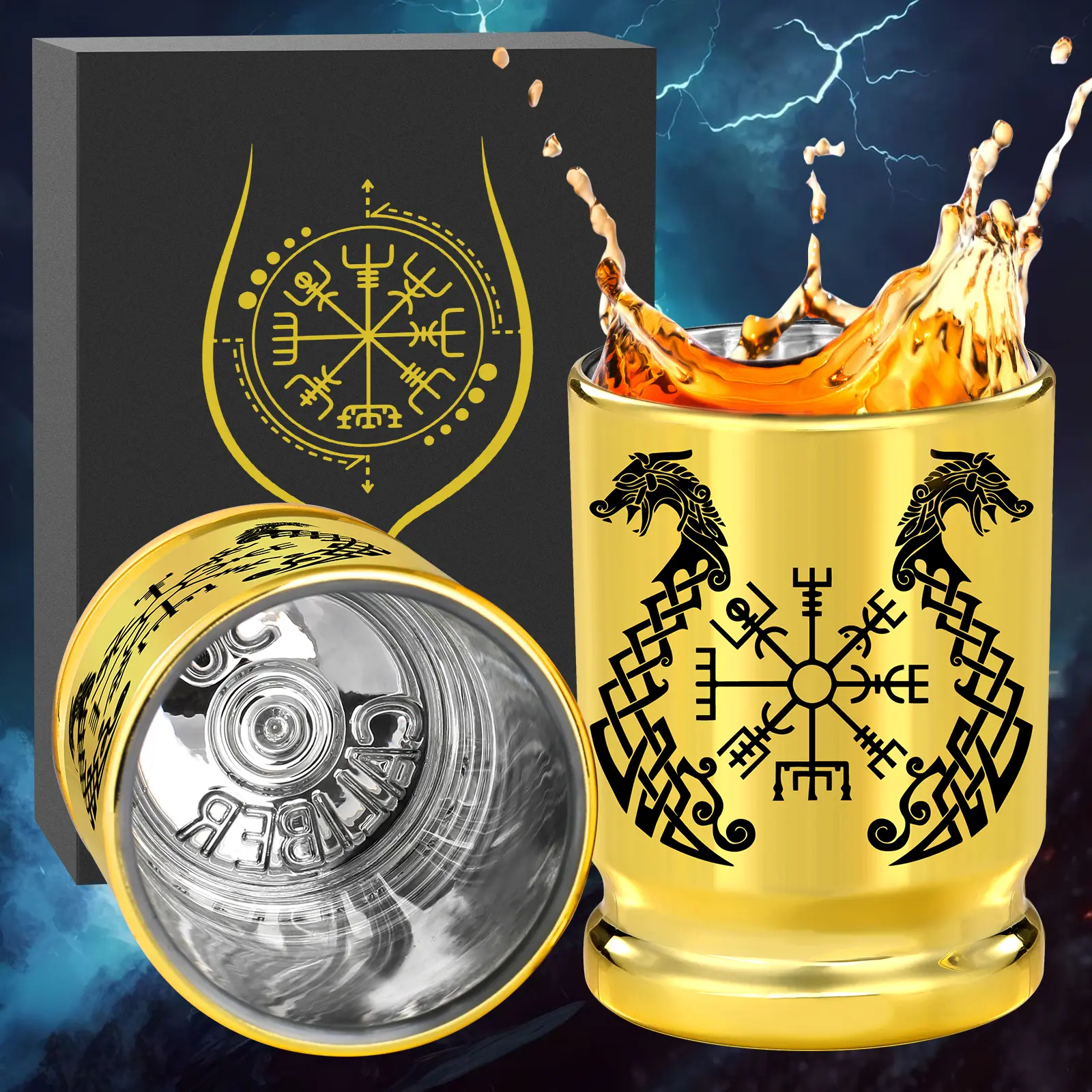 2pcs 50 Caliber Viking Totem Loong Boat Golden Plastic Wine Glasses With Gift Box - Leak Proof, Reusable - Fashionable Animal Print Design, Suitable For Whisky,