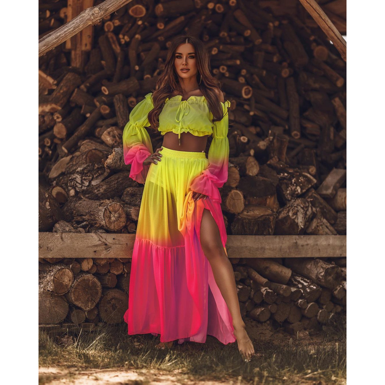 Sexy See Through Skirt Suit Holiday Style Contrast Color Two Piece Suit