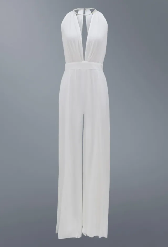 Deep V Halter Jumpsuit Casual Trousers White - Shop at LoveMi