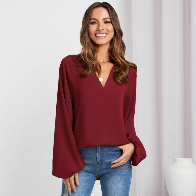 Women's Solid Color V neck Shirt With A Niche Design Red - Shop at LoveMi