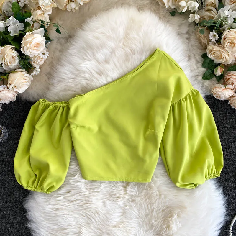 Oblique Collar Unilateral Off-shoulder Puff Sleeve Crop Top - Fluorescent Yellow