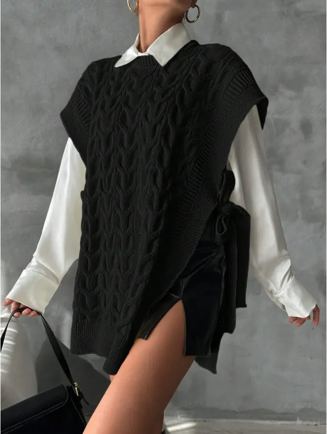 Women's Solid Color V-Neck Tie Casual Knit Vest
