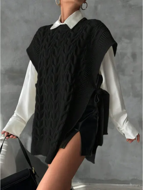 Women's Solid Color V-Neck Tie Casual Knit Vest