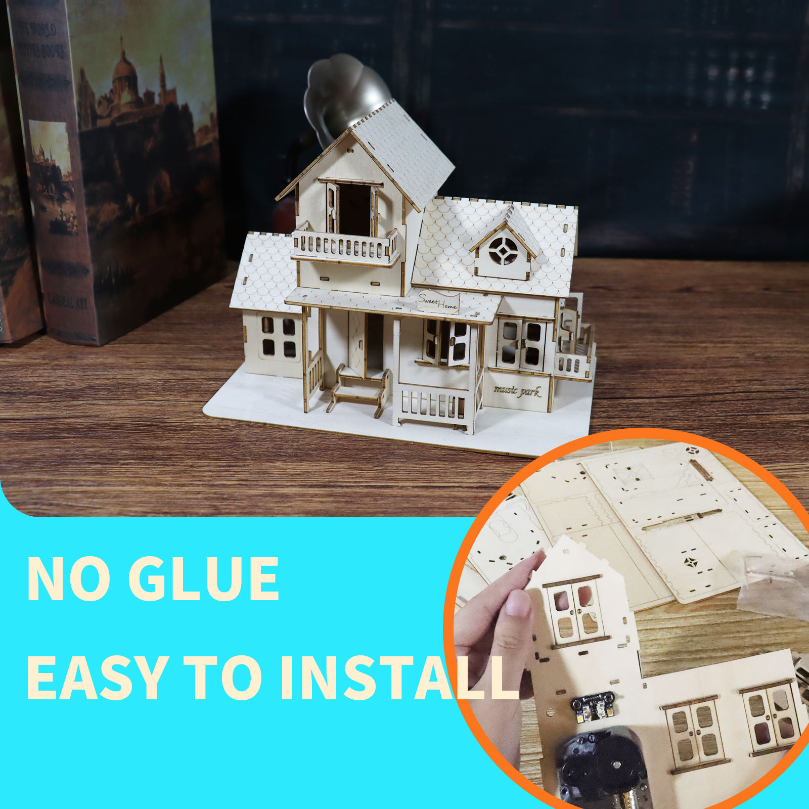 Sales Are Prohibited On The TEMU And SHEIN -MUSIC PARK 3D Wooden Puzzle Sweet Home Music Box Hands Craft Miniature Dollhouse Kits 3D Model Diy House Building With LED Night Lights Gifts For Christmas — view 6