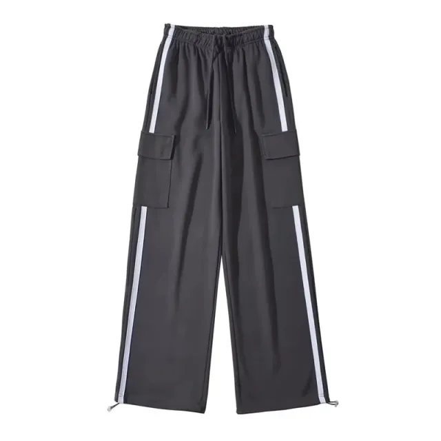 Side Stripe Stitching Women's Drawstring Pocket Casual Pants Bundle Feet Carbon Ash - Shop at LoveMi