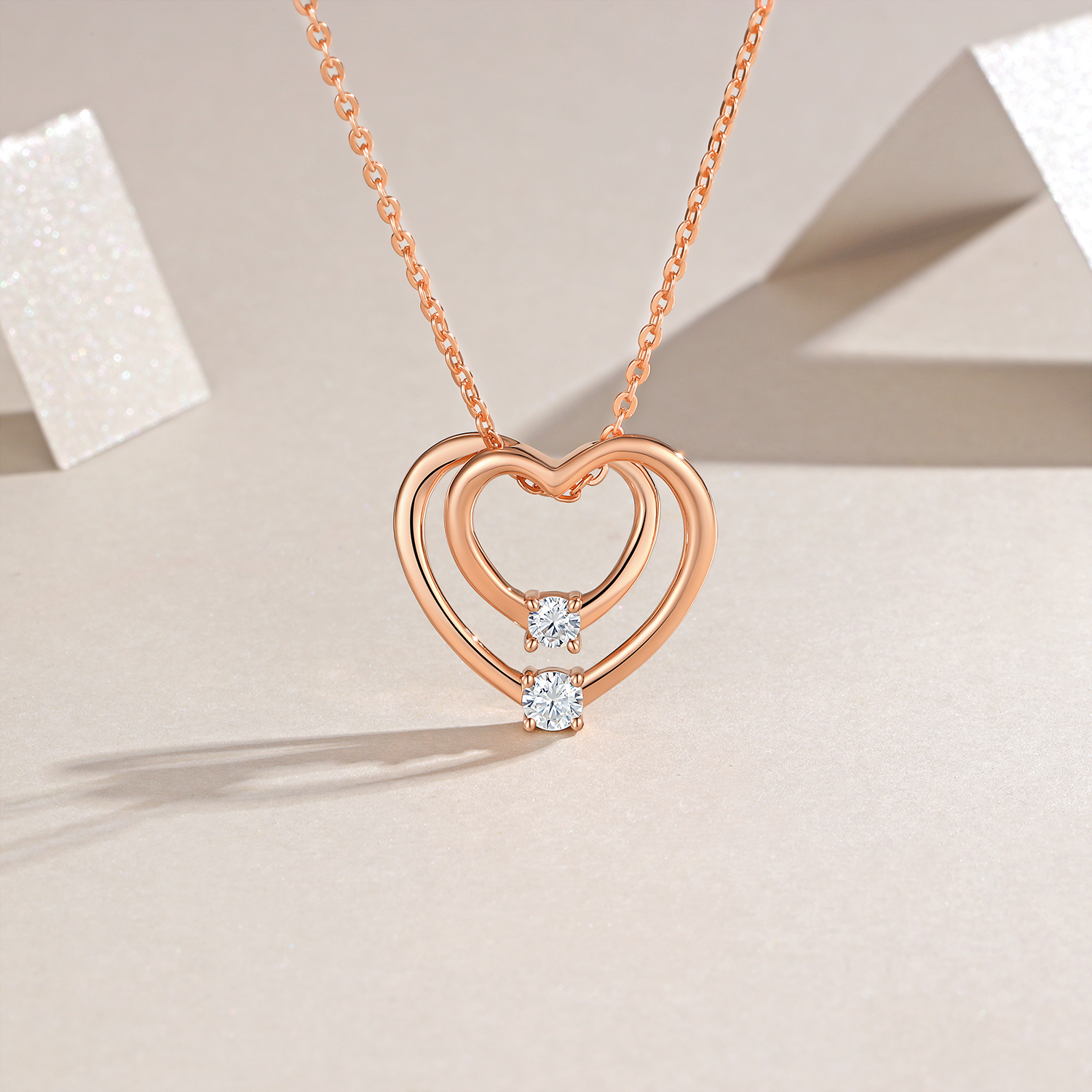 S925 Sterling Silver Rose Gold Double Heart Necklace, D-VVS1 Moissanite Pendant, 40&455cm Adjustable Chain, Women's Jewelry Gift Box With GRA Certificate