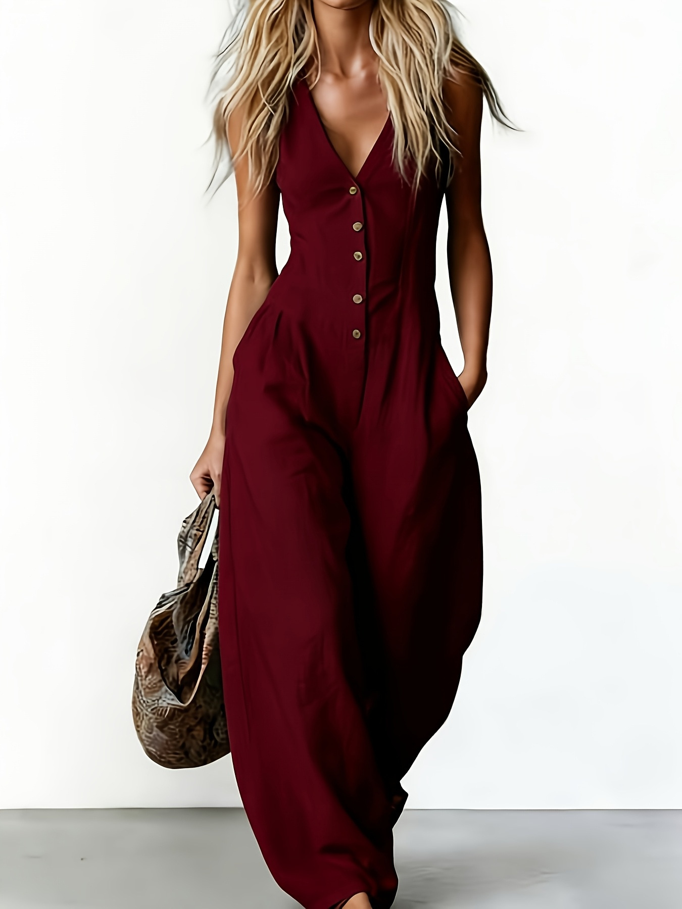Women's linen-look V-neck sleeveless jumpsuit in black – textured commuter style