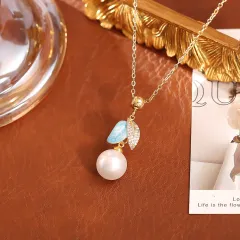 Camellia Drop Oil Pearl Necklace High-end Fashion - Blue - View 1