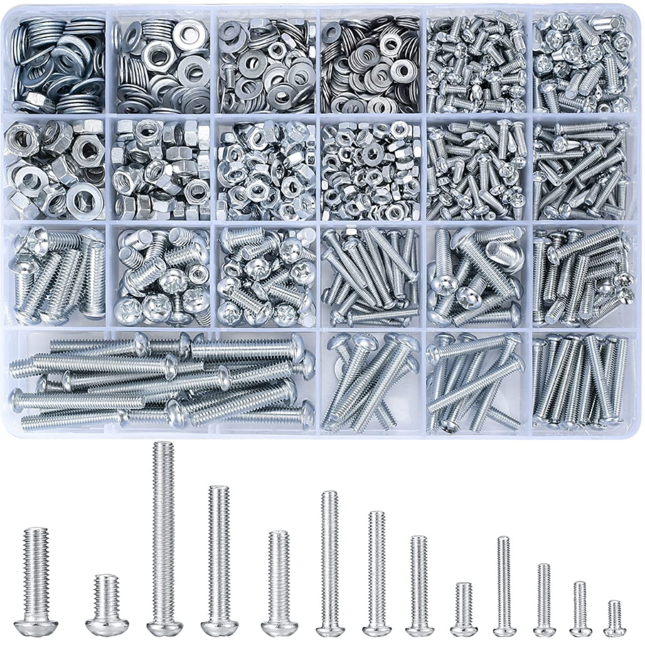 1080 Pcs Screws Bolts And Nuts Assortment Kit Metric Machine Screws Flat Washers M3 M4 M5 M6 Cross Slotted Round Head