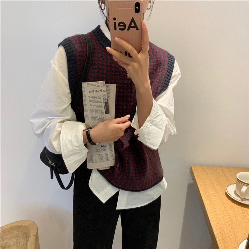 Women's Crew Neck Vintage Plaid Sweater
