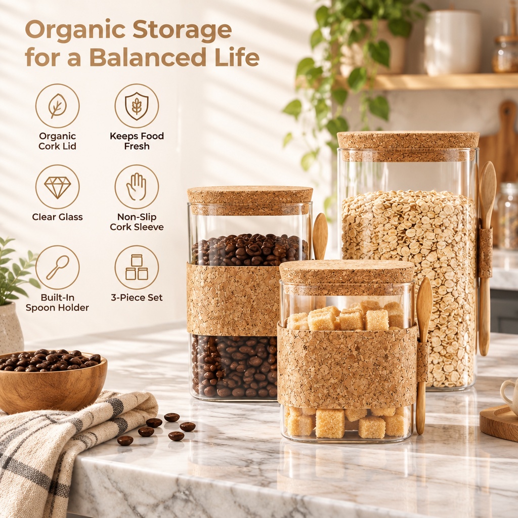 Square Glass Storage Jar With Cork Lid And Spoon,