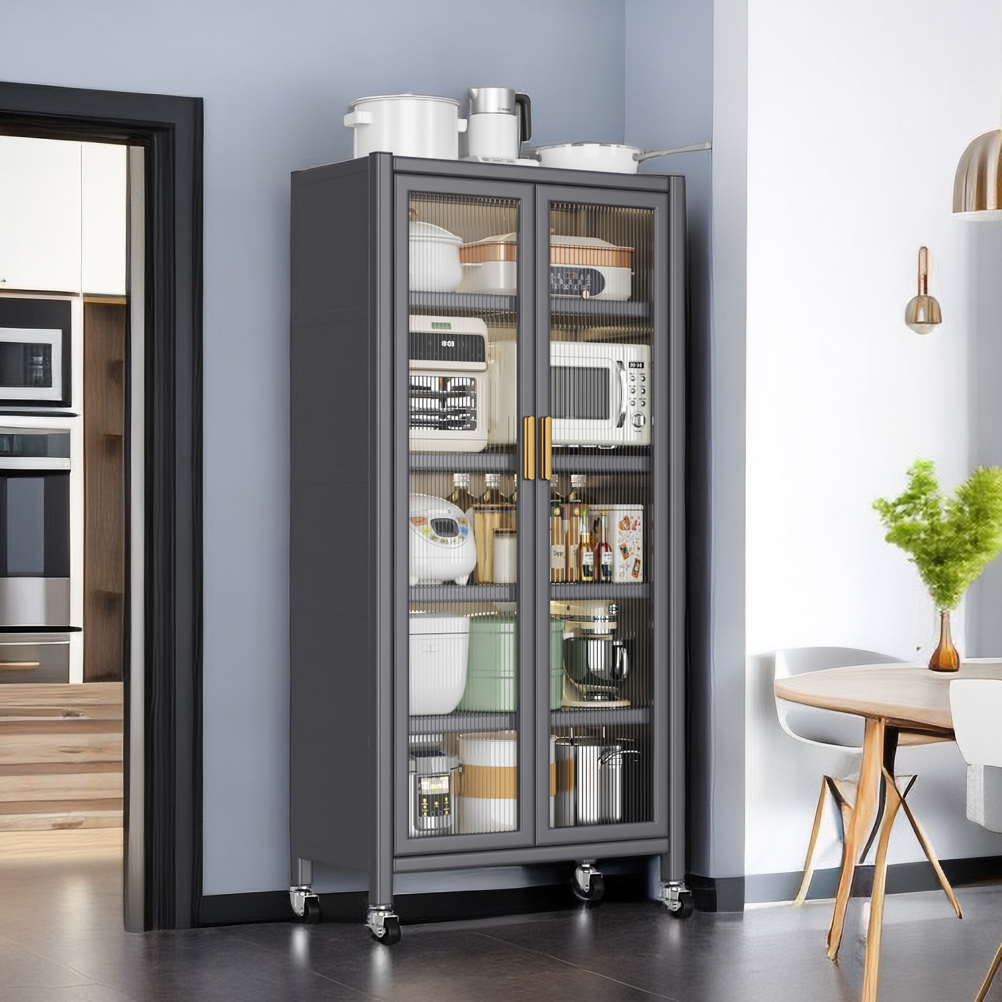 Grey Open Kitchen Storage Cabinet, Floor-to-Ceiling Multilevel Microwave Shelving Unit & Side Cabinet For Bowls, Grey 6