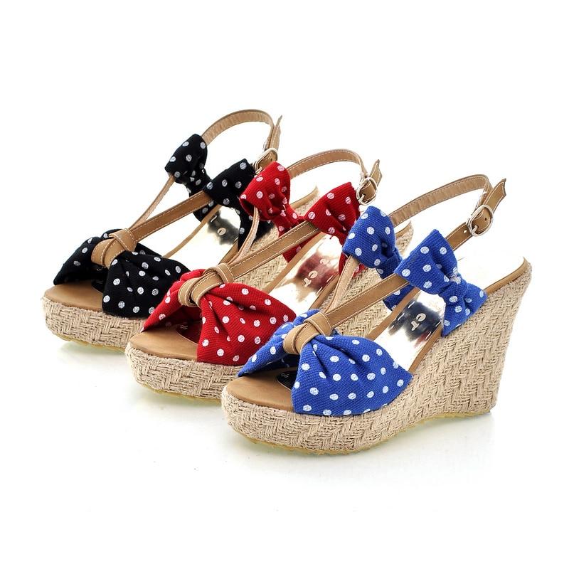 Sweet And Cute Polka-dot Open-toed Platform Hemp Wedging Wedge Sandals