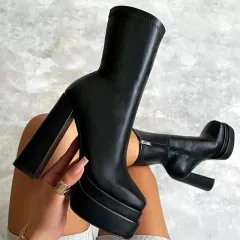 Women's Round Head Thick High Heel Medium Boots - Black - View 1