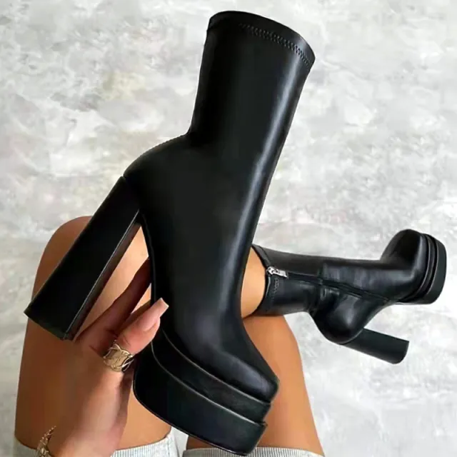 Women's Round Head Thick High Heel Medium Boots Black - Shop at LoveMi