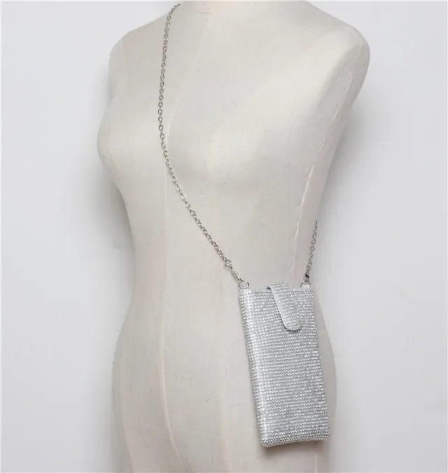Diamond studded Mobile Phone Bag Diagonal Small Bag Coin Purse Silver - Shop at LoveMi