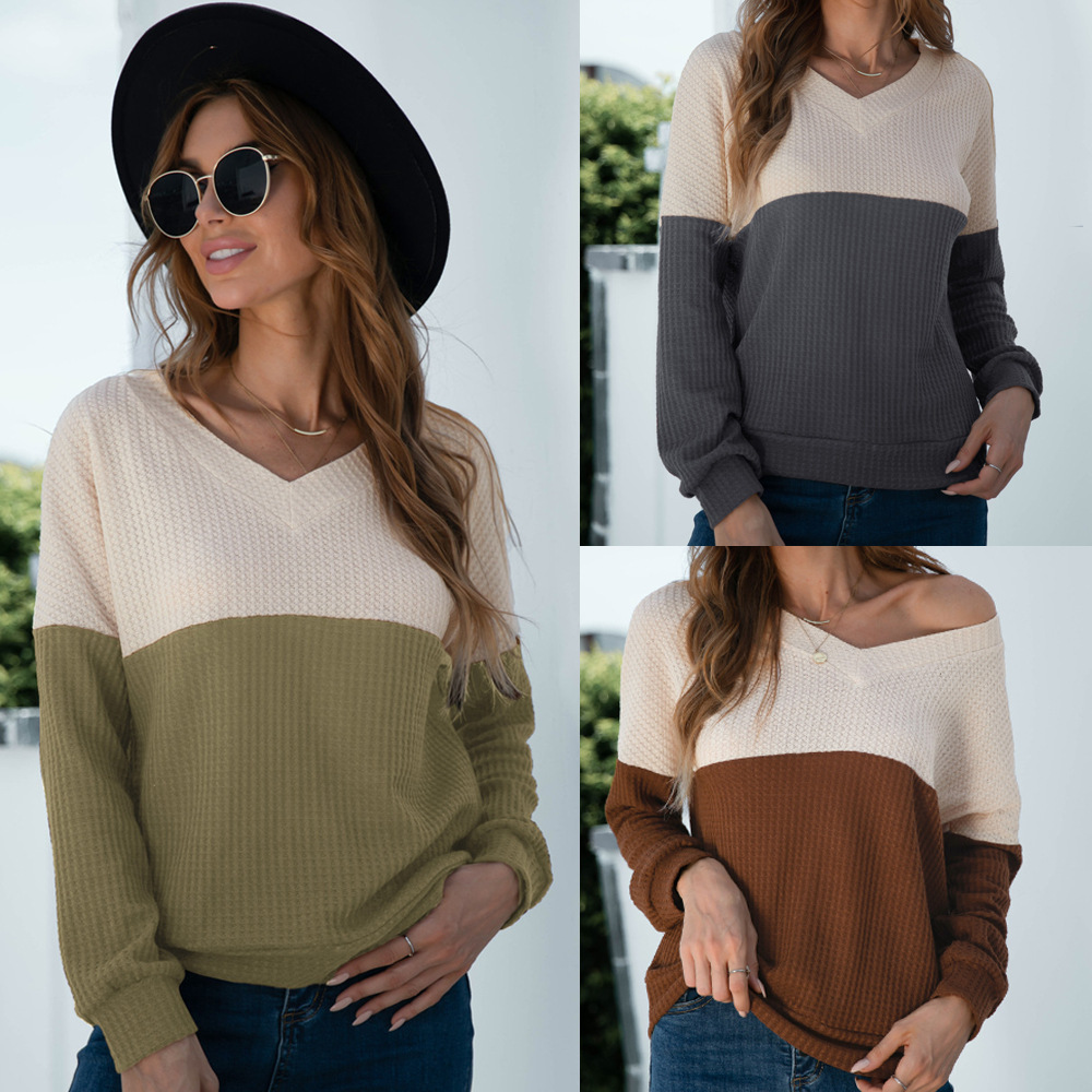 Title 5, New Fashion Ladies V-Neck Color-Block Sweater